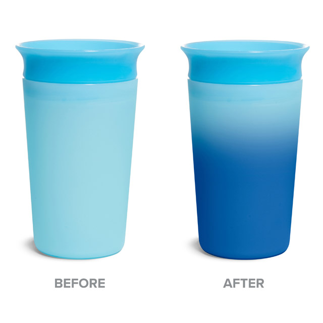 Before and After images of color-changing cup with cold contents